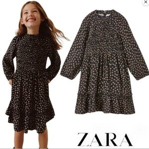 Zara Kids Black and brown smocked floral Dress 11/12 boho western casual